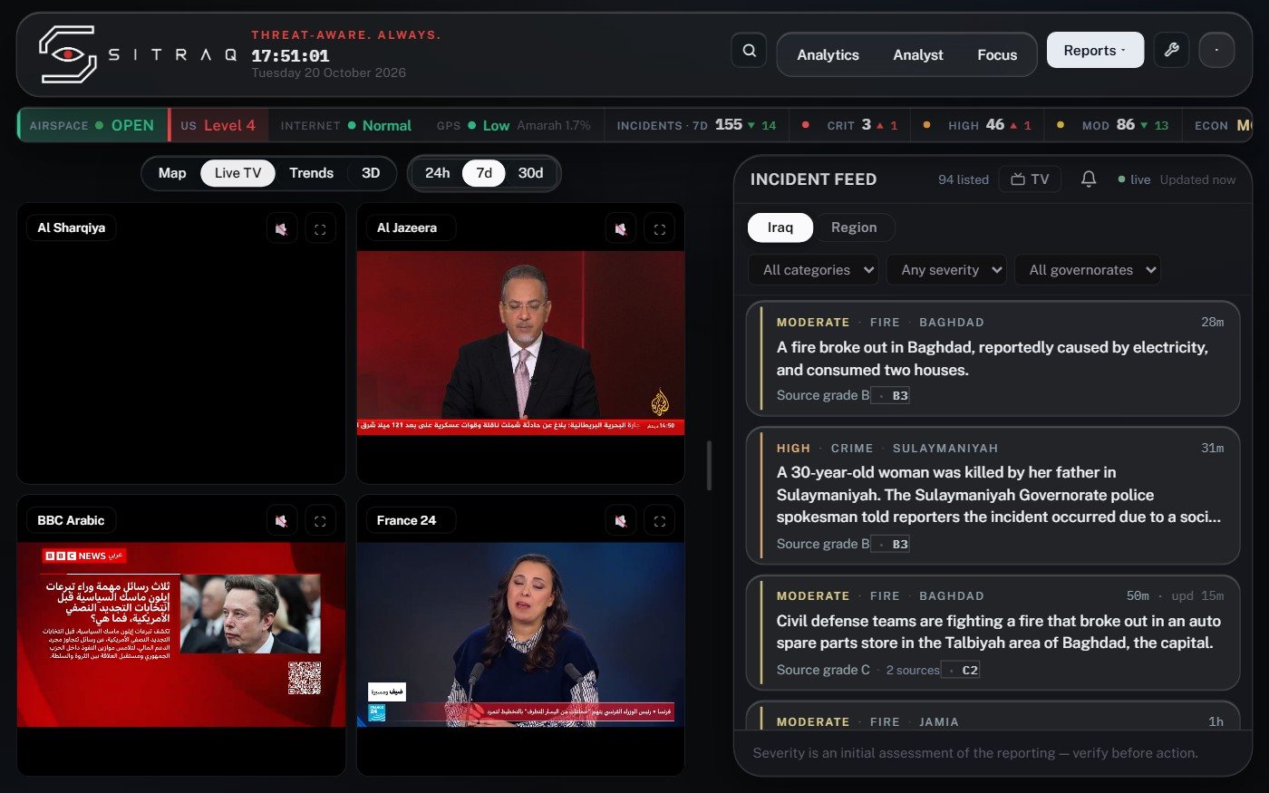 SITRAQ live TV beside the incident feed